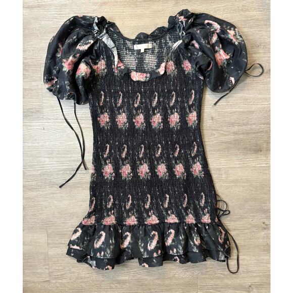 LOVESHACKFANCY Violett Dress Black Coffee M Floral Ruffle Silk Party Mini Date - Picture 8 of 14